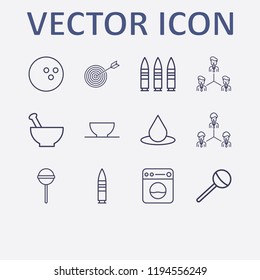 Outline 12 Circle Icon Set. Washing Machine, Drop, Bowling Ball, Bullet, Lollipop And Bowl Vector Illustration