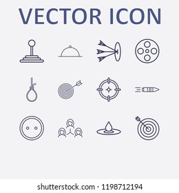 Outline 12 circle icon set. dish, suicide rope, teamwork, dress button, target and drop vector illustration