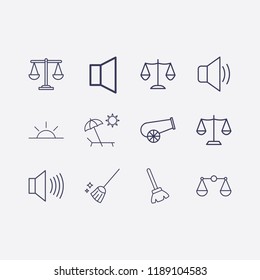 Outline 12 coast icon set. beach, broom, balance, sunset, cannon and sound vector illustration
