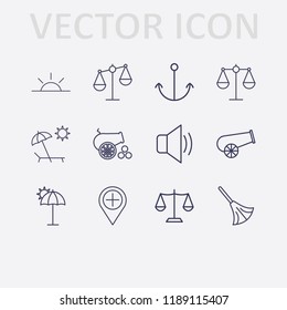 Outline 12 coast icon set. anchor, sound, balance, sunset, umbrella beach, beach, broom, add location and cannon vector illustration