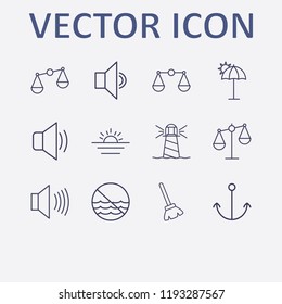 Outline 12 coast icon set. lighthouse, umbrella beach, forbidden sea, anchor, broom and sound vector illustration