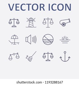 Outline 12 coast icon set. sunset, lighthouse, sound, broom, forbidden sea and anchor vector illustration