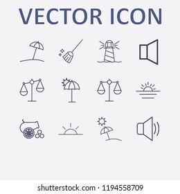 Outline 12 coast icon set. sunset, lighthouse, umbrella beach, beach, sound and broom vector illustration