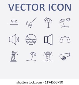 Outline 12 coast icon set. lighthouse, umbrella beach, broom, balance, cannon and forbidden sea vector illustration