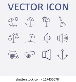Outline 12 coast icon set. sound, anchor, broom, beach, umbrella beach and balance vector illustration