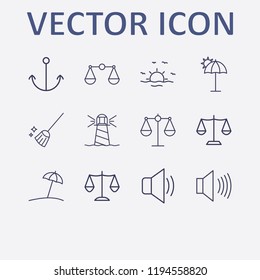 Outline 12 coast icon set. sunset, umbrella beach, sound, balance, lighthouse and anchor vector illustration