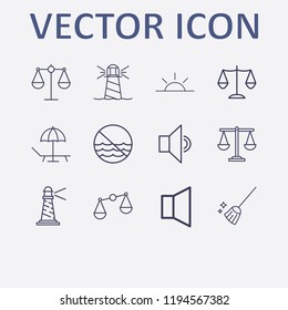 Outline 12 coast icon set. sunset, forbidden sea, beach, lighthouse, broom and sound vector illustration