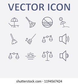Outline 12 coast icon set. beach, balance, broom, sound, sunset and forbidden sea vector illustration