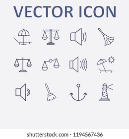Outline 12 coast icon set. sound, lighthouse, broom, anchor, balance and beach vector illustration