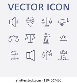 Outline 12 coast icon set. add location, beach, sunset, lighthouse, cannon and balance vector illustration