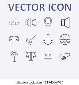 Outline 12 coast icon set. umbrella beach, balance, sound, sunset, cannon and add location vector illustration