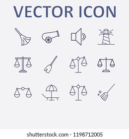 Outline 12 coast icon set. broom, sound, balance, lighthouse, beach and cannon vector illustration