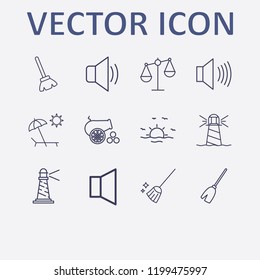Outline 12 coast icon set. balance, sunset, cannon, beach, broom and lighthouse vector illustration