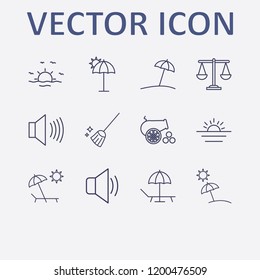 Outline 12 coast icon set. broom, umbrella beach, beach, sunset, cannon and sound vector illustration