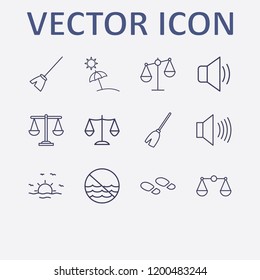 Outline 12 coast icon set. balance, beach, forbidden sea, sunset, broom and footprint vector illustration