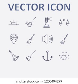 Outline 12 coast icon set. anchor, add location, broom, sunset, balance and sound vector illustration