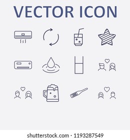 Outline 12 cold icon set. drop, lovers, water glasses, star, beer and digital thermometer vector illustration