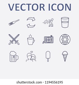 Outline 12 cold icon set. ice skating, beer, digital thermometer, conditioning cooler, hot cup and water glasses vector illustration