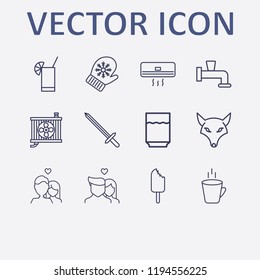 Outline 12 cold icon set. cocktail, lovers, water crane, winter glove, conditioning cooler and air conditioning vector illustration