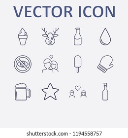 Outline 12 cold icon set. champagne bottle, star, drop, no view, deer and lovers vector illustration