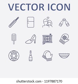 Outline 12 cold icon set. conditioning cooler, lovers, steep heel, beer bottle toast, refrigerator and medicine thermometer vector illustration