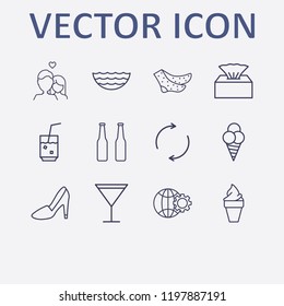 Outline 12 cold icon set. steep heel, napkin box, beer bottle, ice cream, refresh and cocktail vector illustration