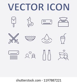 Outline 12 cold icon set. sea, beer bottle, sword, lovers, air conditioning and napkin box vector illustration