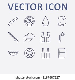 Outline 12 cold icon set. refrigerator, globe setting, beer bottle, sea, soldier knife and no view vector illustration