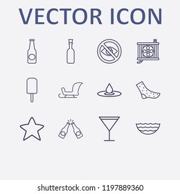 Outline 12 cold icon set. champagne bottle, ice cream, beer bottle, drop, star and conditioning cooler vector illustration