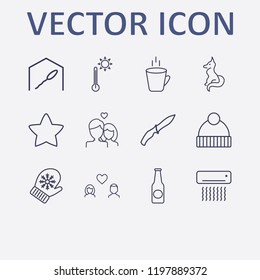 Outline 12 cold icon set. lovers, hot cup, winter glove, thermometer, air conditioning and star vector illustration