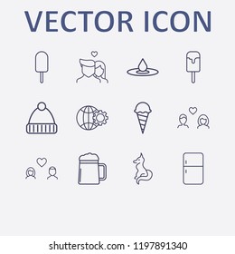 Outline 12 cold icon set. fox, globe setting, ice cream, drop, winter hat and lovers vector illustration
