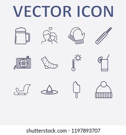Outline 12 cold icon set. lovers, sleigh, drop, cocktail, winter glove and ice cream vector illustration