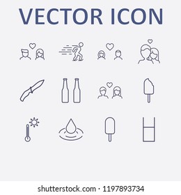 Outline 12 cold icon set. drop, ice cream, water glasses, soldier knife, beer bottle and ice skating vector illustration