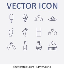 Outline 12 Cold Icon Set. Cocktail, Beer Bottle, Halloween Tube, Sock, Drop And Water Glasses Vector Illustration