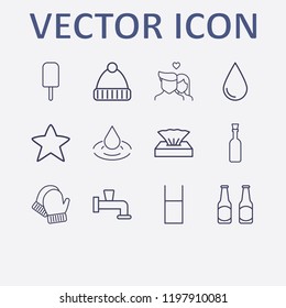 Outline 12 cold icon set. champagne bottle, ice cream, lovers, winter hat, beer bottle and water glasses vector illustration