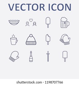 Outline 12 cold icon set. hot cup, lovers, winter glove, beer, sword and champagne bottle vector illustration