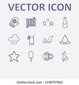 Outline 12 cold icon set. raining, lovers, drop, winter glove, globe setting and cocktail vector illustration