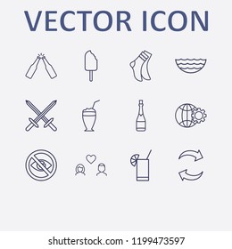 Outline 12 cold icon set. lovers, cocktail, globe setting, ice cream, refresh and beer bottle toast vector illustration