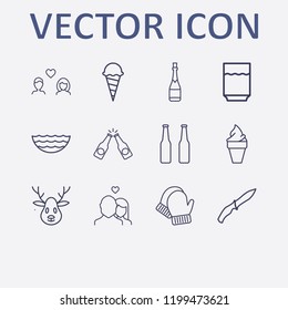 Outline 12 cold icon set. deer, champagne bottle, water glasses, lovers, winter glove and ice cream vector illustration