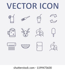Outline 12 cold icon set. refrigerator, ice cream, cocktail, lovers, air conditioning and sea vector illustration