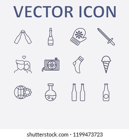 Outline 12 cold icon set. globe setting, champagne bottle, lovers, conditioning cooler, beer bottle and halloween tube vector illustration