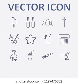 Outline 12 cold icon set. digital thermometer, beer bottle, deer, sword, cocktail and air conditioning vector illustration