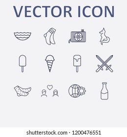 Outline 12 cold icon set. milk bottle, sword, fox, sea, conditioning cooler and sock vector illustration