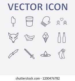 Outline 12 cold icon set. water glasses, winter glove, beer bottle, ice cream, sock and drop vector illustration
