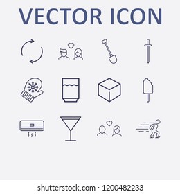 Outline 12 cold icon set. winter glove, refresh, air conditioning, lovers, sword and shovel vector illustration