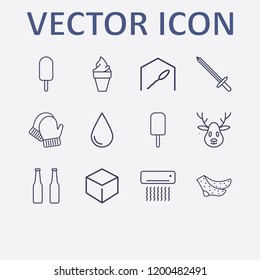 Outline 12 cold icon set. cube, drop, beer bottle, ice cream, winter glove and deer vector illustration
