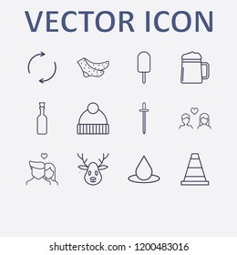 Outline 12 cold icon set. sock, drop, winter hat, sword, ice cream and lovers vector illustration