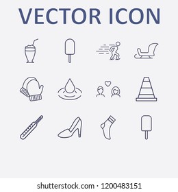 Outline 12 cold icon set. medicine thermometer, ice skating, cocktail, lovers, sock and winter glove vector illustration