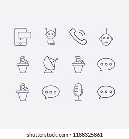 Outline 12 communicate icon set. satellite antenna, microphone, smartphone bubble chat, bubble chat, chat bubble, handset, bot and speaker human vector illustration