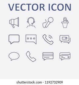 Outline 12 communicate icon set. chat, handset, bubble chat, speaker human, video chat and credit card chat vector illustration